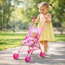 Carrinho de Boneca Infantil Dobrável Rosa Brinquedo Passeio Menina Resistente Leve Estimula Criatividade e Faz de Conta Crianças Acima 3 Anos