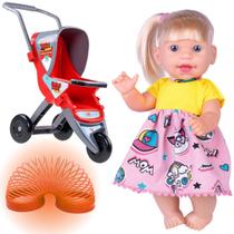Carrinho de boneca plastico 3 rodas + Boneca 31CM com Cabelo Reborn + Mola Maluca -