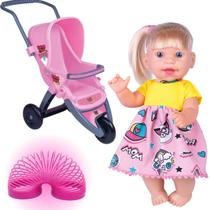 Carrinho de boneca plastico 3 rodas + Boneca 31CM com Cabelo Reborn + Mola Maluca