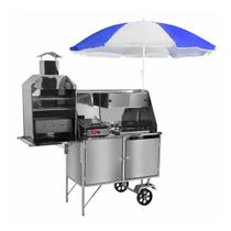 Carrinho de Churrasco Cachorro Quente e Lanche Inox Guarda Sol com Rodas Maciças Cefaz