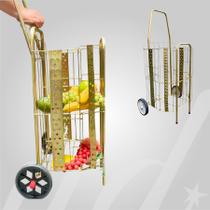 Carrinho de Feira Compras Dobrável Resistente Reforçado com Grade Dourado Suporta 30kg