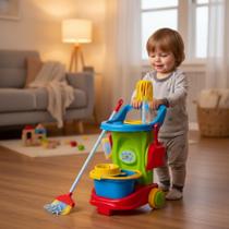Carrinho de Limpeza Infantil Completo Brinquedo Educativo com Acessórios Limpeza Realista para Crianças