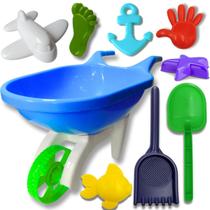 Carrinho de Mão Infantil com Kit Praia Areia 10 Peças Cores Sortidas Brinquedo Baldinho Peneira Pá Rastelo e Moldes Divertidos RB15 Carrinho de Mão Infantil com Kit Praia Areia 10 Peças Cores Sortidas Brinquedo Baldinho Peneira Pá Rastelo e Moldes Divertidos RB15