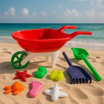 Carrinho de Mão Infantil Praia Radical RB15 Vermelho Kit Areia Terra Brincadeira Infantil Completa INMETRO Presente Criança Menino Menina
