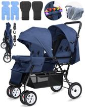 Carrinho de passeio duplo OVERTANG dobrável para bebês, azul Carrinho de passeio duplo OVERTANG dobrável para bebês, azul
