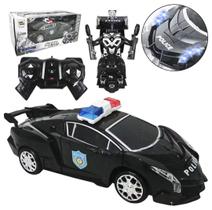 Carrinho de Policia Com Controle Remoto Sem Fio Transforma em Robô Com Som e Luzes