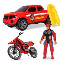 Carrinho dos Bombeiros Pickup Boneco Moto 3 pçs