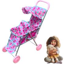 Carrinho Duas Boneca Reborn Passeio Metal Menina Rosa Gemeos