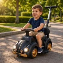 Carrinho Fusca Infantil com Luzes Empurrador Traseiro Preto Bateria Recarregável Acima de 3 Anos