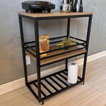 Carrinho Gourmet Auxiliar em Ferro e MDF Freijó com Rodas