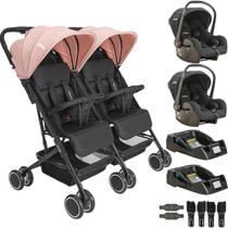 Carrinho Kiddo Gemeos com 2 Bebe Conforto 2 Base Mascote Rosa
