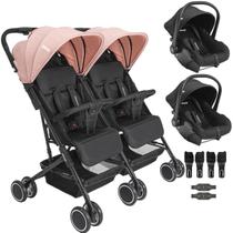 Carrinho Kiddo Gemeos com 2 Bebe Conforto Colinho Mascote Rosa