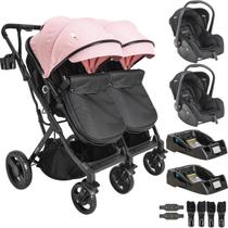 Carrinho Kiddo para Gemeos com 2 Bebe Conforto 2 Base Vox II Rosa Carrinho Kiddo para Gemeos com 2 Bebe Conforto 2 Base Vox II Rosa