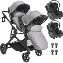 Carrinho Moises Gemeos com 2 Bebe Conforto Kiddo Pair Cinza Carrinho Moises Gemeos com 2 Bebe Conforto Kiddo Pair Cinza