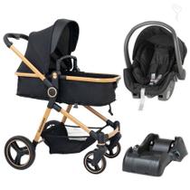 Carrinho Moises Ivy Preto e Dourado com Bebe Conforto Cocoon e Base - Galzerano