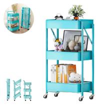 Carrinho Multiuso com 3 Prateleiras Metalico Azul Dobrável Carrinho Multiuso com 3 Prateleiras Metalico Azul Dobrável