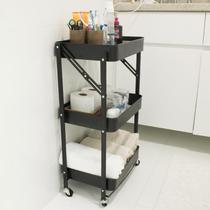 Carrinho Multiuso dobrável com 3 prateleiras ( Fruteira / Organizador ) com rodas, cor PRETA - HL-1103B
