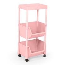Carrinho Multiuso Prático 3 Prateleiras em Plástico com Rodízio - Rosa