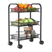 Carrinho Organizador Multiuso com 3 Cestos Ideal para Frutas, Cosméticos, Acessórios e Muito Mais com Rodinhas Preto