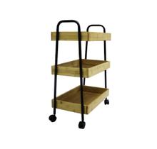 Carrinho organizador multiuso de bambu com 3 prateleiras e rodas