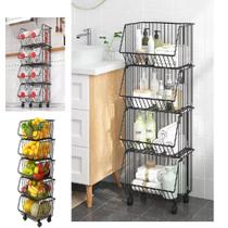 Carrinho organizador preto multiuso com 5 prateleiras em aço fruteira sala escritório