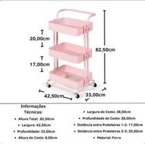 Carrinho organizador rosa com 3 prateleiras e rodinhas reforçado durável - Especiallité lar