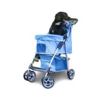 Carrinho Passeio Pet Cão Gato Carregar Pequeno Porta Copo Transporte Cachorro Mochila Viagem Rodinhas Dobrável Ventilação Compacto com Cesto Azul