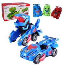 Carrinho Transformes Dino Carro Vira Robô Transforme Vira Dinossauro Bate Bate Luz de Led Com Som Azul Vermelho Verde