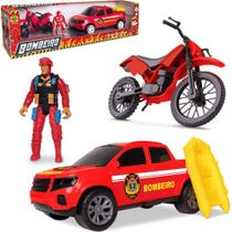 Carro pick-up roda livre com boneco + moto bombeiro na caixa - SAMBA TOYS
