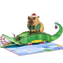 Cartão comemorativo POPWOW Christmas Capybara Crocodile 3D feito à mão