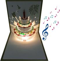 Cartão de aniversário Akeydeco 3D Pop Up LED Light Birthday Cake Mus