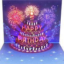 Cartão de aniversário INFHER Fireworks Pop Up Cake com luz e música