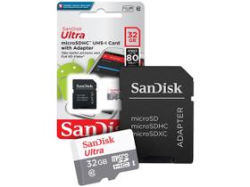 Cartão de Memória 32GB Micro SD SanDisk 10 - com Adaptador SD Ultra Cartão de Memória 32GB Micro SD SanDisk 10 - com Adaptador SD Ultra