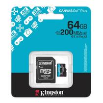 Cartão de Memória Kingston Micro SD 64GB Canvas GO Plus Classe 10 UHSI U3 V30 A2 Com Adaptador Leitura 200MBs