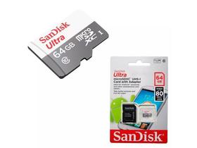 Cartão de Memória Micro SD 64GB SanDisk - Ultra Classe 10 C/Adaptador 80MBPS-CL10 SDSQ