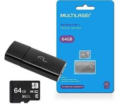 Cartão de Memória micro SD + Adaptador Pen Drive 64gb Classe 10 Multilaser Mc164