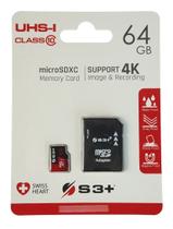 Cartão De Memória S3+ Micro Sd 64gb 4k Classe 10 Uhs-i