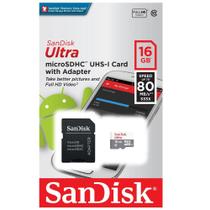 Cartão de Memória SanDisk 16GB Micro SD Classe 10 Vel. Até 80MB/s a Prova de Água p/ Smartphone - SDSQUNS-016G-GN3MA