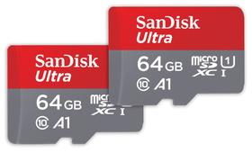 Cartão de Memória SanDisk Ultra microSDXC 64GB - Pacote com 2 Unidades e Adaptador Cartão de Memória SanDisk Ultra microSDXC 64GB - Pacote com 2 Unidades e Adaptador