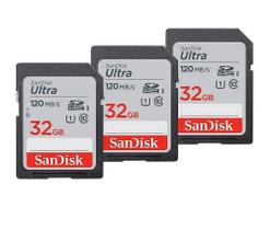 Cartão de memória SanDisk Ultra SDHC UHS-I 32GB, pacote com 3 Cartão de memória SanDisk Ultra SDHC UHS-I 32GB, pacote com 3