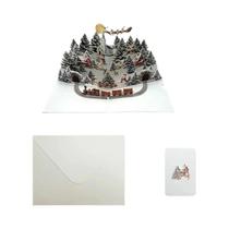 Cartão De Natal 3D Festivo Com Envelope, Rena, Aldeia Nevada E Céu Iluminado Pela Lua, Saudação De Cartão De Natal 3D Festivo Com Envelope, Rena, Aldeia Nevada E Céu Iluminado Pela Lua, Saudação De