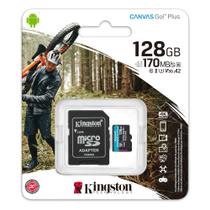 Cartão Micro SD 128GB Kingston Canvas Go Plus para dispositivos móveis Android, câmeras de ação, drones e produção de vídeo 4K, SDCG3/128GB KINGSTON