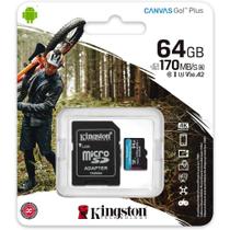 Cartão Micro SD 64GB Kingston Canvas Go Plus para dispositivos móveis Android, câmeras de ação, drones e produção de vídeo 4K, SDCG3/64GB KINGSTON