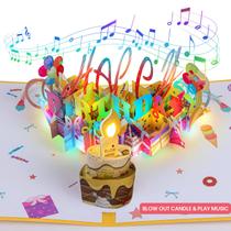 Cartão pop-up musical de aniversário Olatay com vela soprável e LED