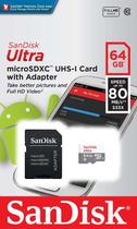 Cartão SanDisk Ultra Micro SDXC UHS-I 64gb 80mb/s Classe 10