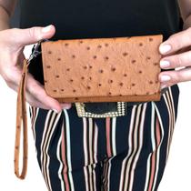 Carteira bolsa feminina couro bovino modelo avestruz porta celular dinheiro cartão luxo