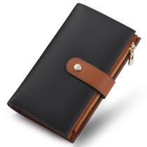 Carteira de couro feminina com bloqueio de RFID com três dobras e suporte para canetas