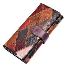 Carteira feminina de couro genuíno, patchwork, bolsa vermelha longa Carteira feminina de couro genuíno, patchwork, bolsa vermelha longa