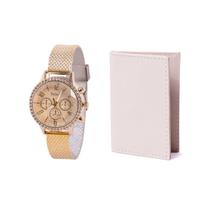 Carteira feminina slim porta cartão documentos off white relógio ponteiro dourado