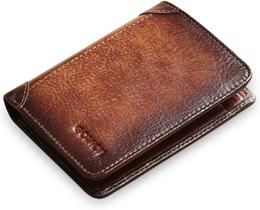 Carteira fina HUOGUO para homens de couro genuíno com bloqueio de três dobras e 2 janelas para identificação